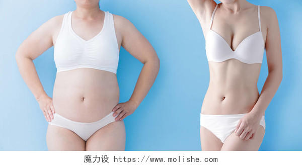 蓝色背景超重的胖女人和亚洲的苗条女人瘦身对比美容减肥瘦身美容瘦身